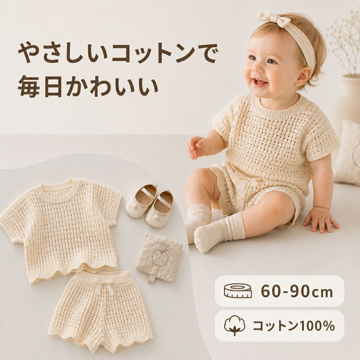 乐天商城 - ベビー セットアップ 女の子 夏 半袖 上下セット ニット コットン100％ ナチュラル かわいい おしゃれ ベビー服 赤ちゃん 子供服 韓国 子供 キッズ 上下 セット フリル ショートパンツ 無地 出産祝い ギフト 70 80 90 100 110 120 130
