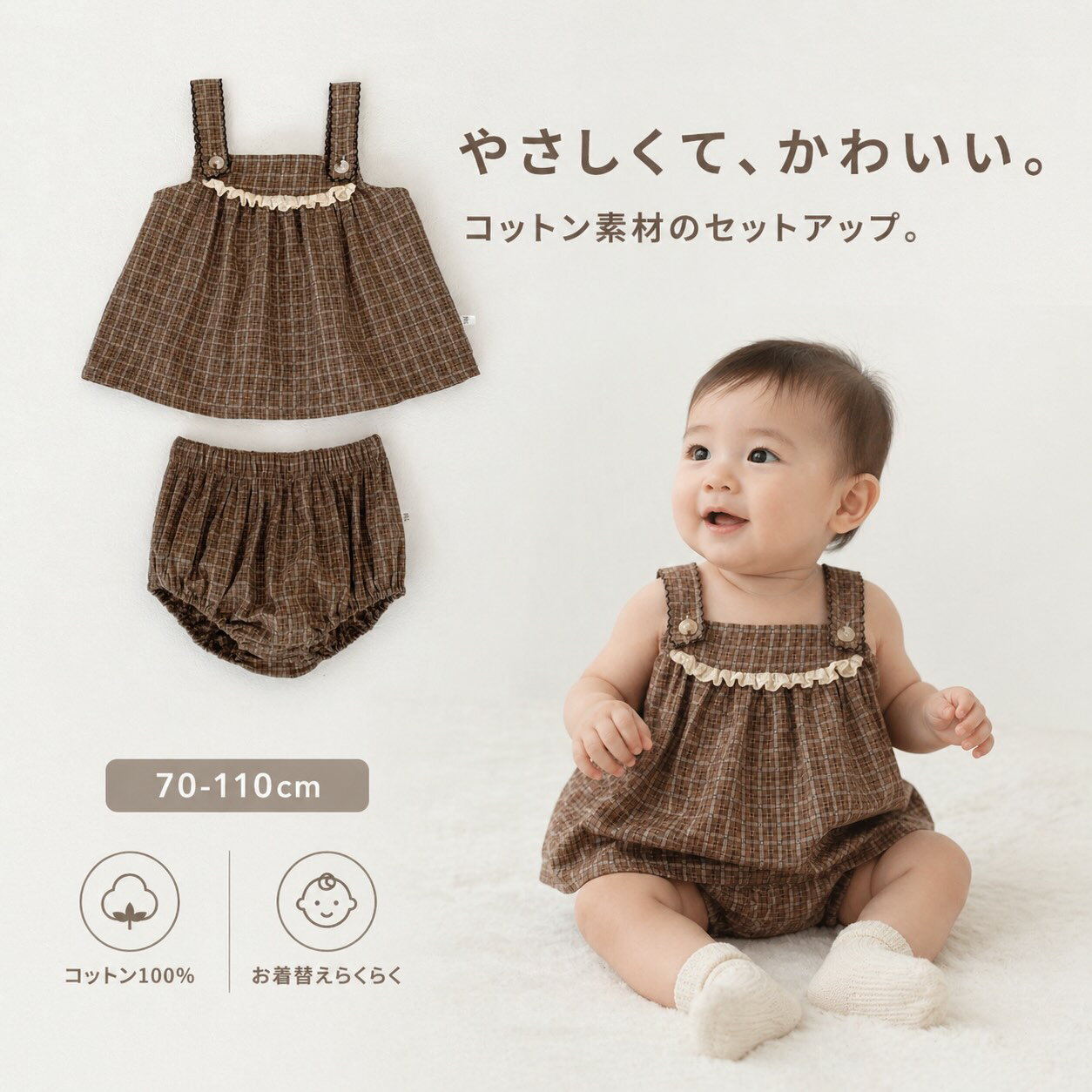 Rakuten - 【1000円クーポン】ベビー セットアップ 女の子 夏 上下セット トップス ブルマ チェック コットン 子供服 ベビー服 赤ちゃん 服 おしゃれ かわいい ナチュラル 韓国 子供服 出産祝い 誕生日 お出かけ 保育園 普段使い 60 70 80 90 ブラウン