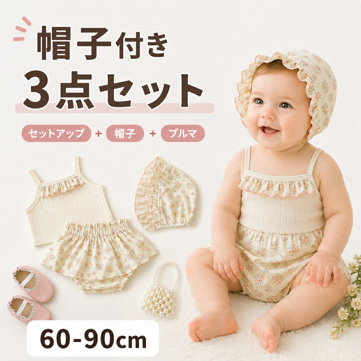 樂天商城 - セットアップ 女の子 ベビー ベビー服 赤ちゃん 赤ちゃん服 3点セット 帽子付き キャミソール ブルマ 花柄 フリル おしゃれ かわいい 韓国 子供服 夏 コットン お出かけ ハーフバースデー 誕生日 撮影 結婚式 ナチュラル 出産祝い 普段着 60 70 80 90