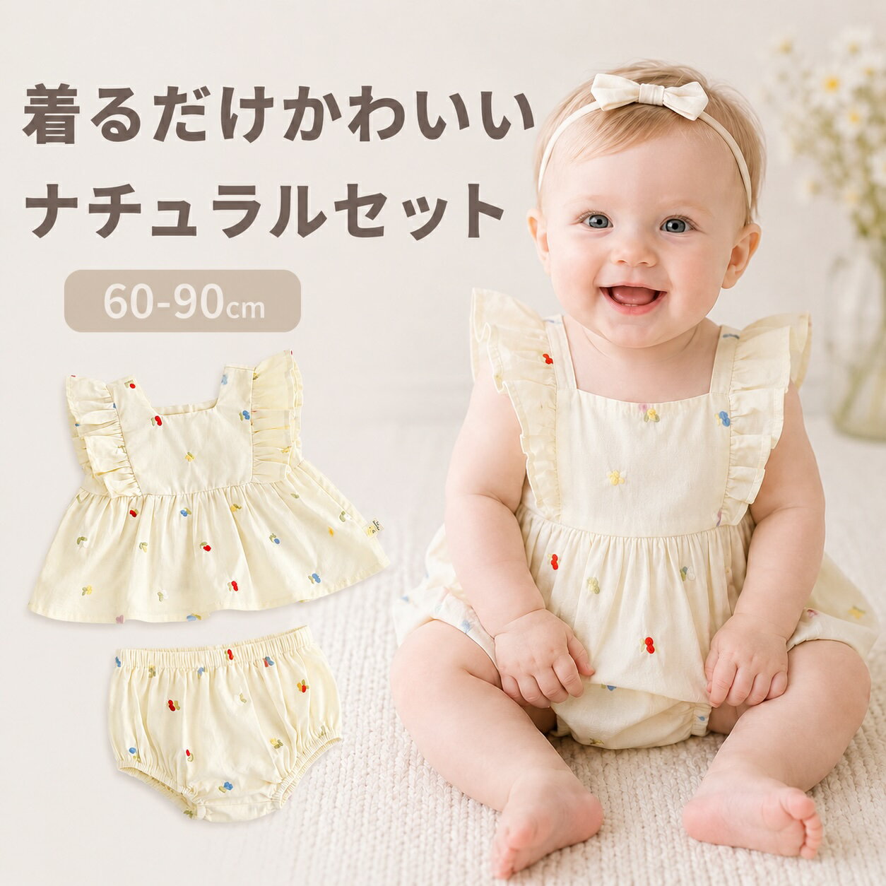 Rakuten - 【1000円クーポン】セットアップ ベビー 女の子 夏 ノースリーブ フリル 上下セット 花柄 小花柄 かわいい おしゃれ 韓国 子供服 ベビー服 赤ちゃん コットン ブルマ付き ナチュラル 淡色 ルームウェア おでかけ 出産祝い 60 70 80 90