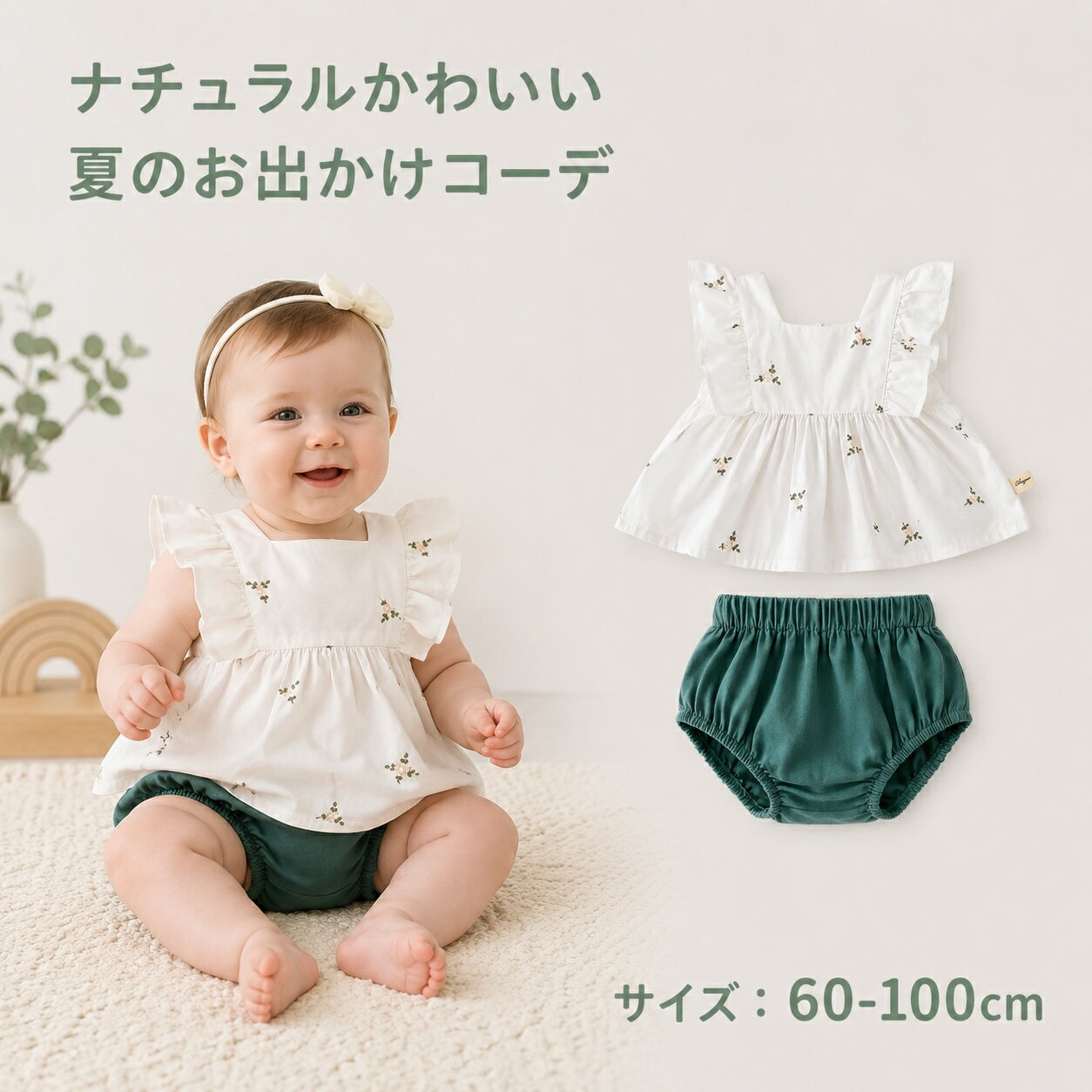 【1000円クーポン】ベビー セットアップ 女の子 夏 ノースリーブ ブルマ 花柄 フリル ベビー服 赤ちゃん 子供服 コットン ナチュラル かわいい おしゃれ お出かけ 普段着 保育園 誕生日 記念撮影 出産祝い 60 70 80 90 100 2点セット セパレート
