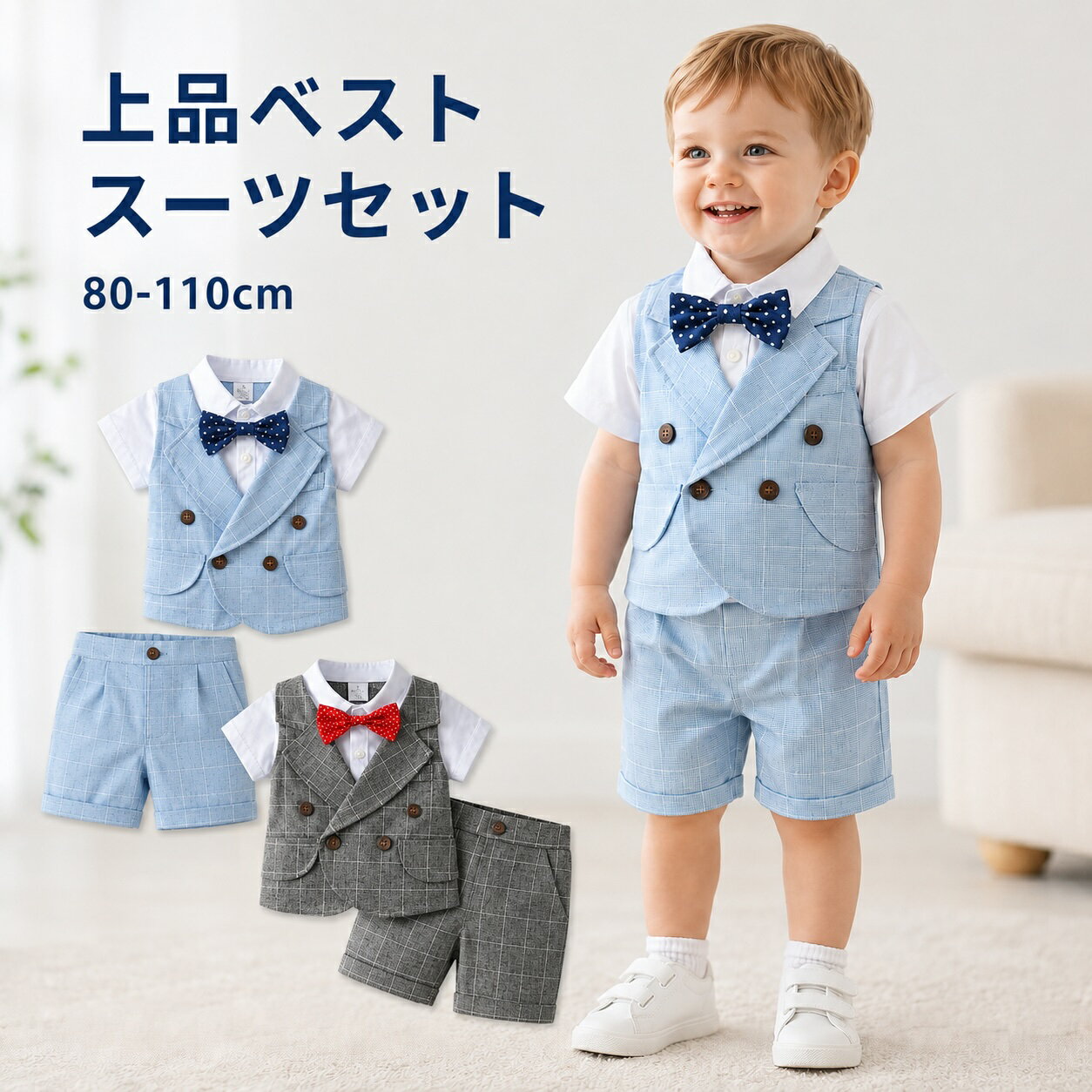 Rakuten - フォーマル セットアップ 男の子 半袖 ベスト スーツ 子供服 キッズ ベビー 蝶ネクタイ付き 上下セット 結婚式 誕生日 発表会 リングボーイ 七五三 韓国 子供服 おしゃれ 夏 ハーフパンツ ベビー服 80 90 100 110