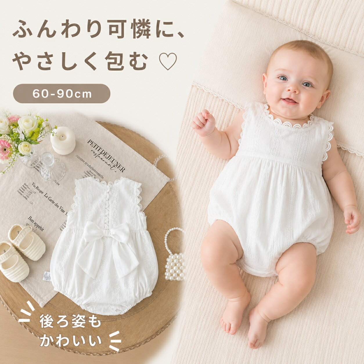 Rakuten - ベビー ロンパース 女の子 白 レース 半袖 赤ちゃん ベビー服 60 70 80 90 セレモニー フォーマル おしゃれ かわいい 出産祝い 夏服 新生児 お宮参り 結婚式 記念日 韓国 子供服 ギフト ラッピング
