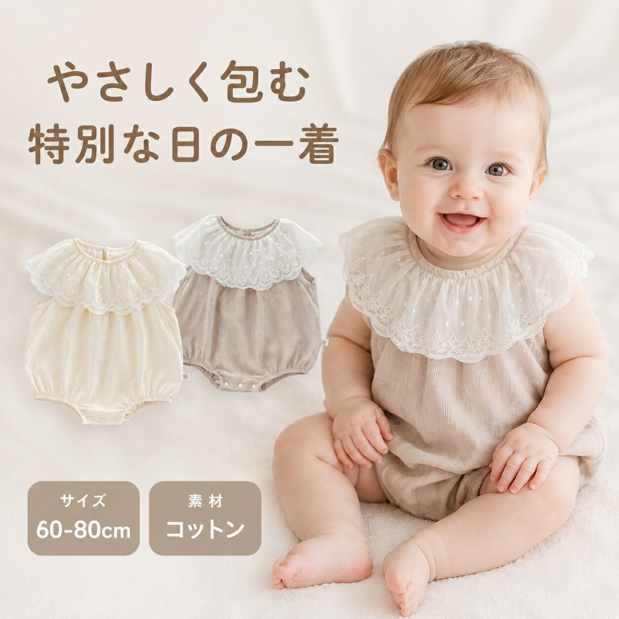 Rakuten - ベビー ロンパース 女の子 レース襟 コットン100% 夏 赤ちゃん ベビー服 ノースリーブ フリル かわいい おしゃれ 韓国 子供服 出産祝い ハーフバースデー 誕生日 撮影 結婚式 お宮参り お食い初め お出かけ 60 70 80 90 新生児 春夏