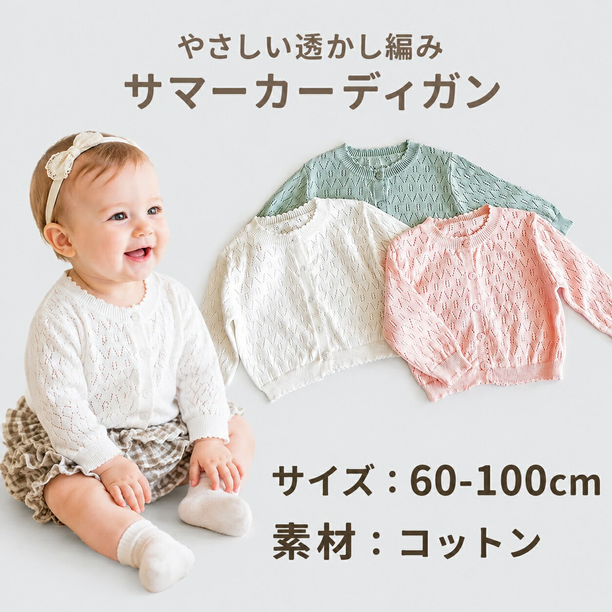 ベビー カーディガン 女の子 男の子 長袖 サマーカーディガン 透かし編み コットン ベビー服 赤ちゃん 子供服 羽織り 春 夏 冷房対策 紫外線対策 ナチュラル かわいい おしゃれ 出産祝い 60 70 80 90 100