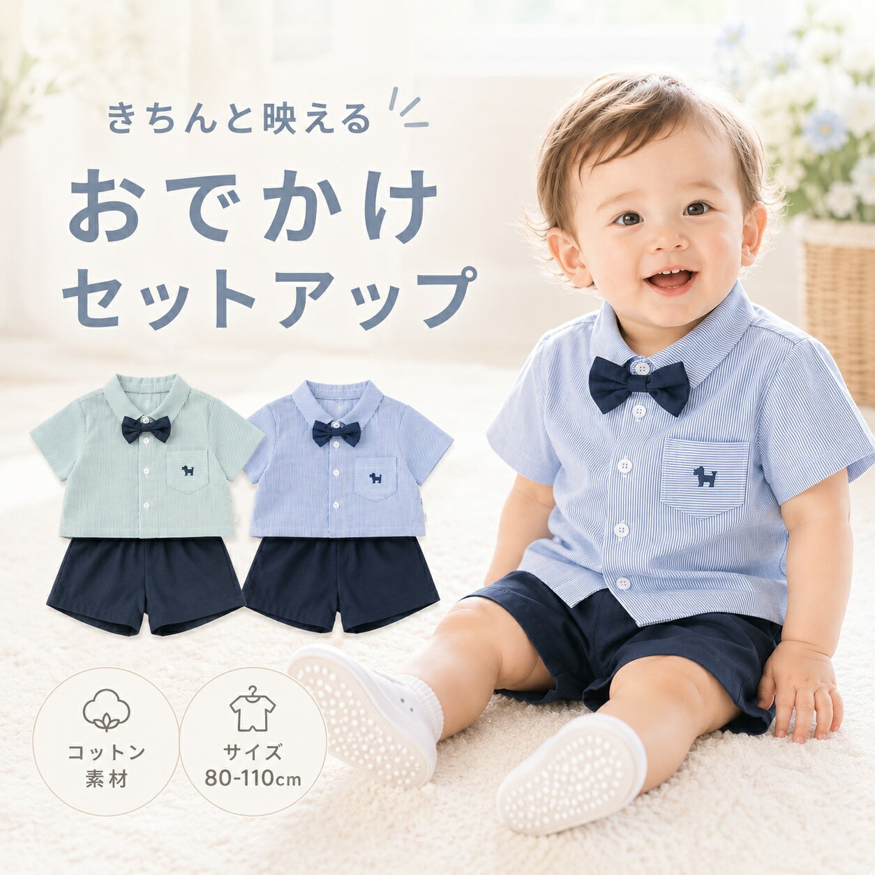 ベビー セットアップ 男の子 フォーマル 半袖 シャツ パンツ 蝶ネクタイ付き キッズ ベビー服 子供服 上下セット お…