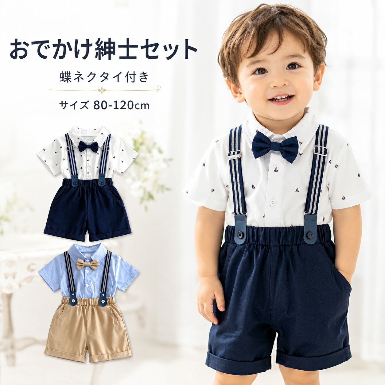 ベビー セットアップ 男の子 フォーマル 半袖 シャツ パンツ サスペンダー 蝶ネクタイ付き キッズ 子供服 上下セット…