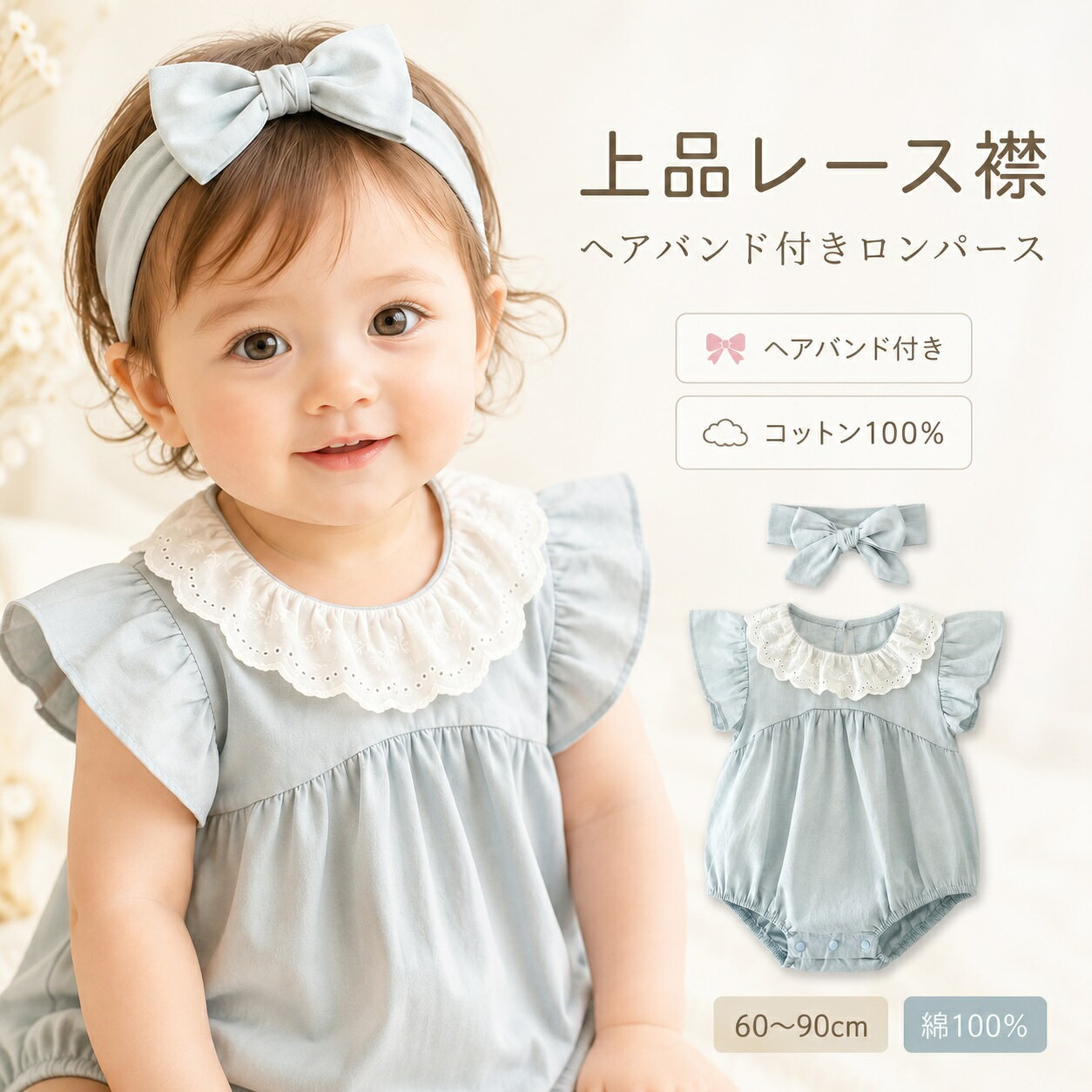 【1000円クーポン】ベビー ロンパース 女の子 フリル襟 レース襟 コットン 半袖 ヘ...