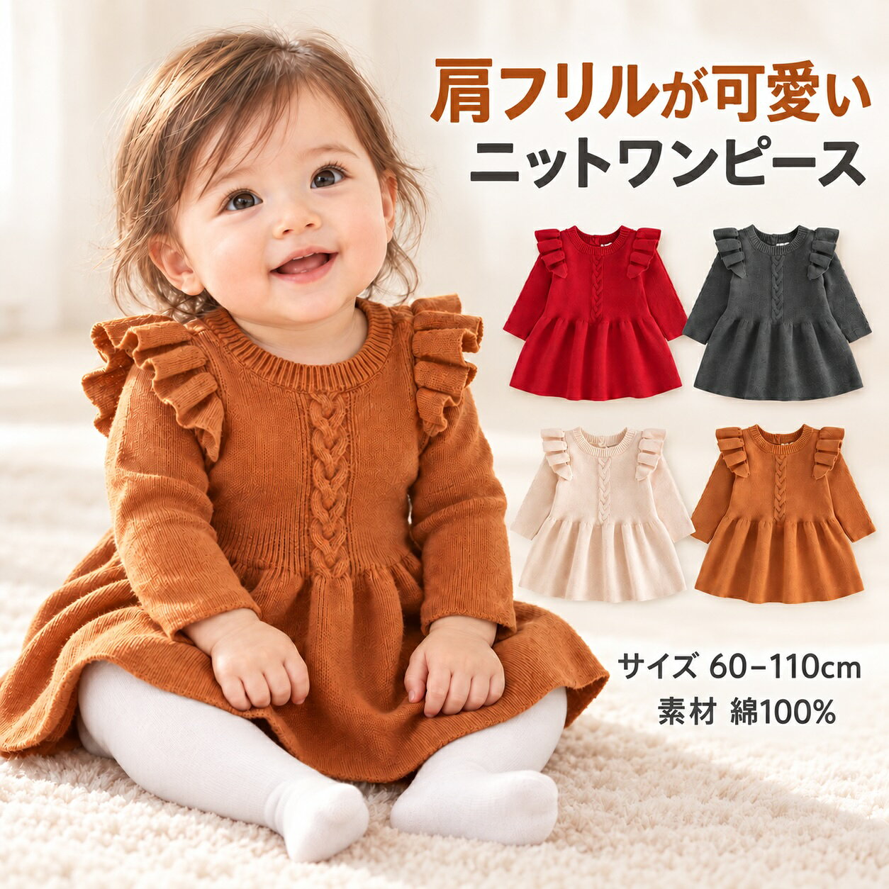 ベビー服 女の子 ニットワンピース 長袖 ワンピース キッズ 肩フリル フリル ケーブル編み 綿100％ コットン100％ ニ…
