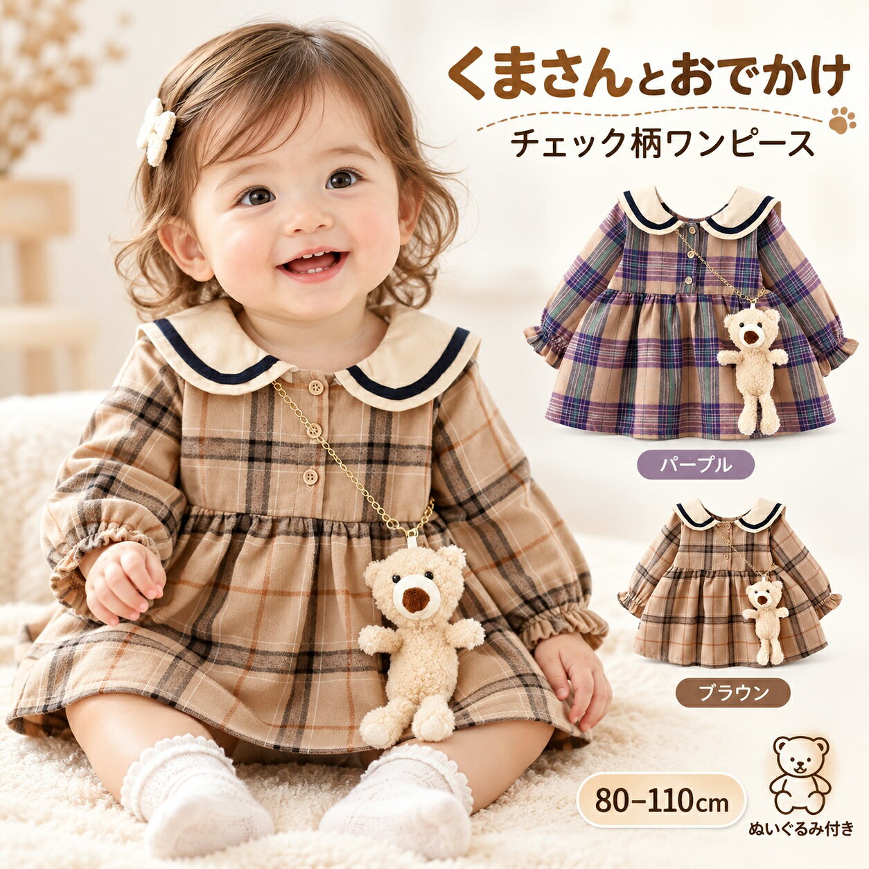 ベビー服 女の子 ワンピース 長袖 くま ぬいぐるみ付き チェック柄 丸襟 ベビードレス キッズ ワンピース 女の子 秋 …