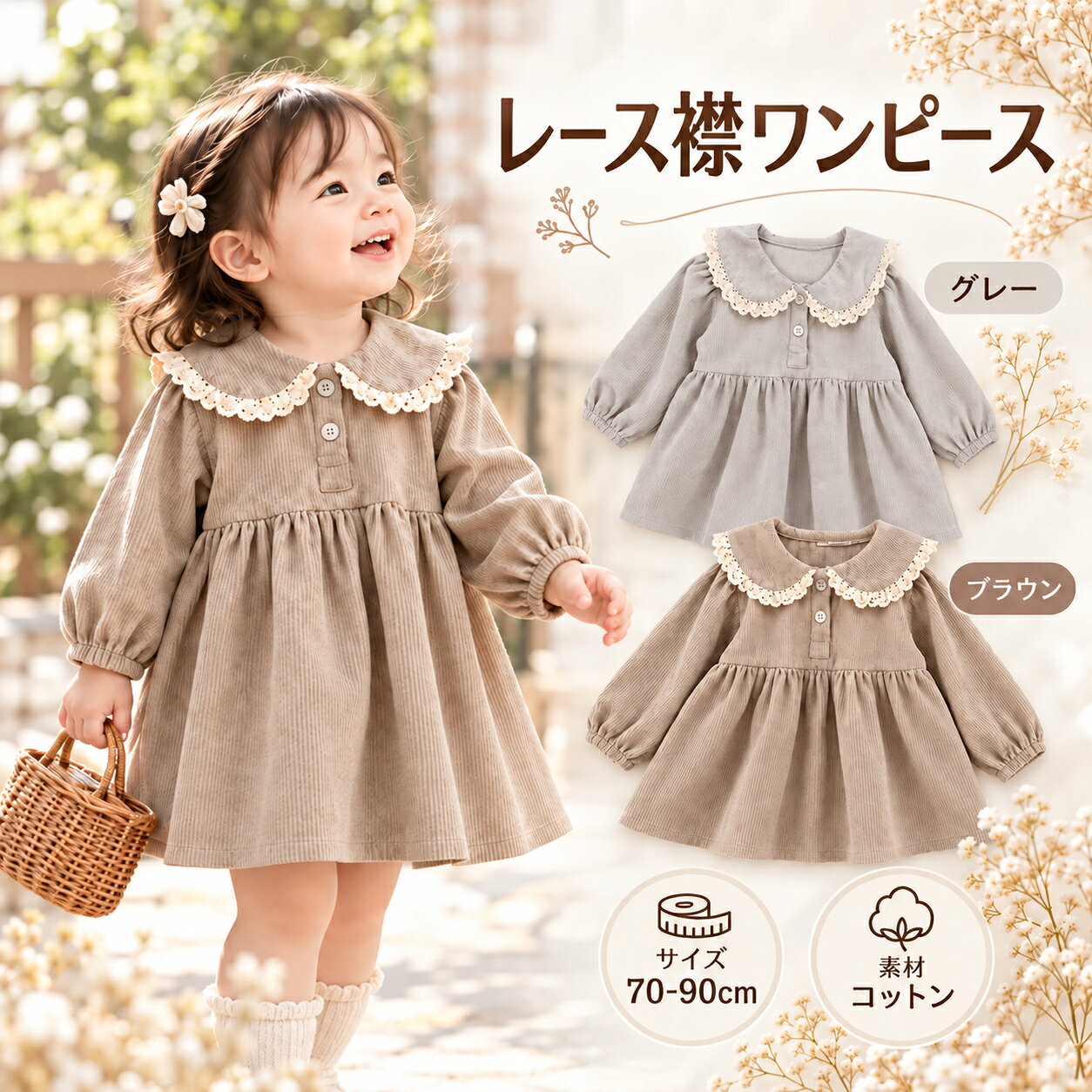 ベビー服 女の子 ワンピース 長袖 コーデュロイ レース襟 襟付き 秋冬 ベビー ワンピース キッズ 子供服 70 80 90cm …