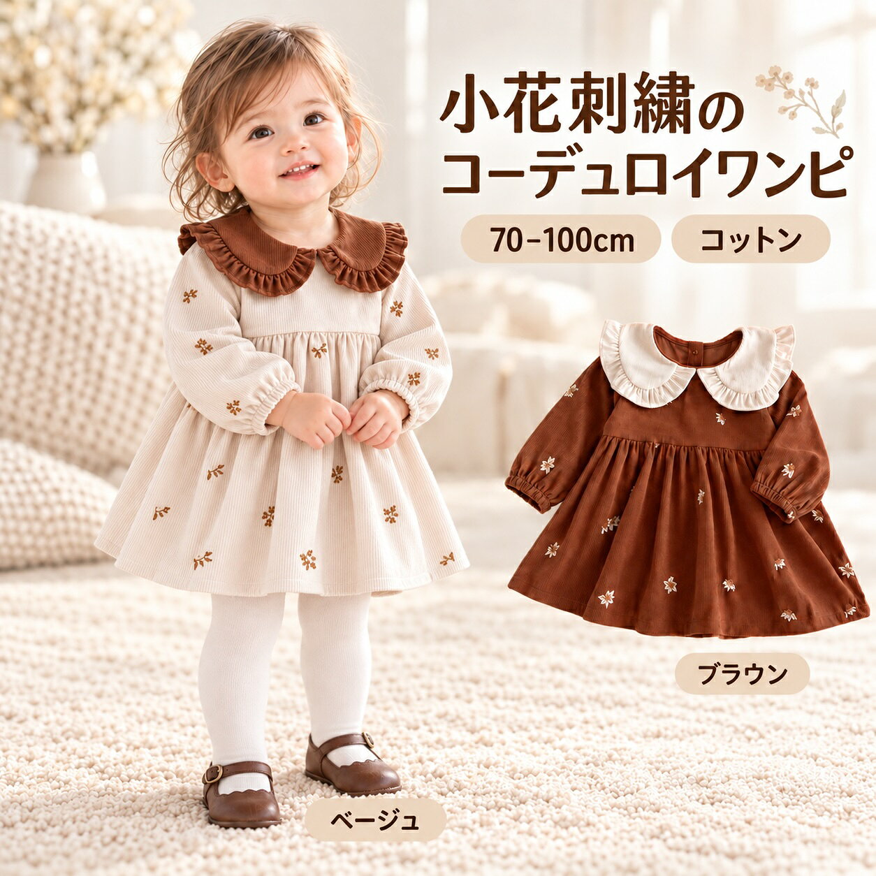 赤ちゃん ワンピース 女の子 ベビー ベビー服 ベージュ ブラウン えり付き コーデュロイ かわいい おしゃれ 赤ちゃん…