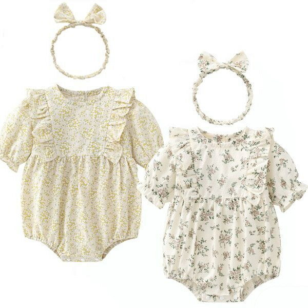 ロンパース 半袖 夏 へバンド付き 女の子 おしゃれ かわいい コットン 綿 赤ちゃん 赤ちゃん服 ベビー ベビー服 服 花柄 ヘアバンド 子ども 子供 子供服 子ども服 キッズ 出産祝い 結婚式 ハーフバースデー お宮参り 百日 お食い初め 60 70 80 90