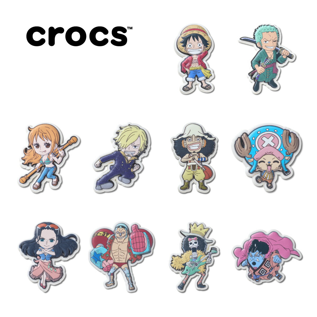 crocs JIBBITZ CHARMS ONE PIECE【クロックス ジビッツ チャーム】【ワンピース アクセサリー カスタム モンキー・D・ルフィ ロロノア・ゾロ ナミ ウソップ サンジ トニートニー・チョッパー ニコ・ロビン フランキー ブルック ジンベエ 麦わらの一味】10 TYPES