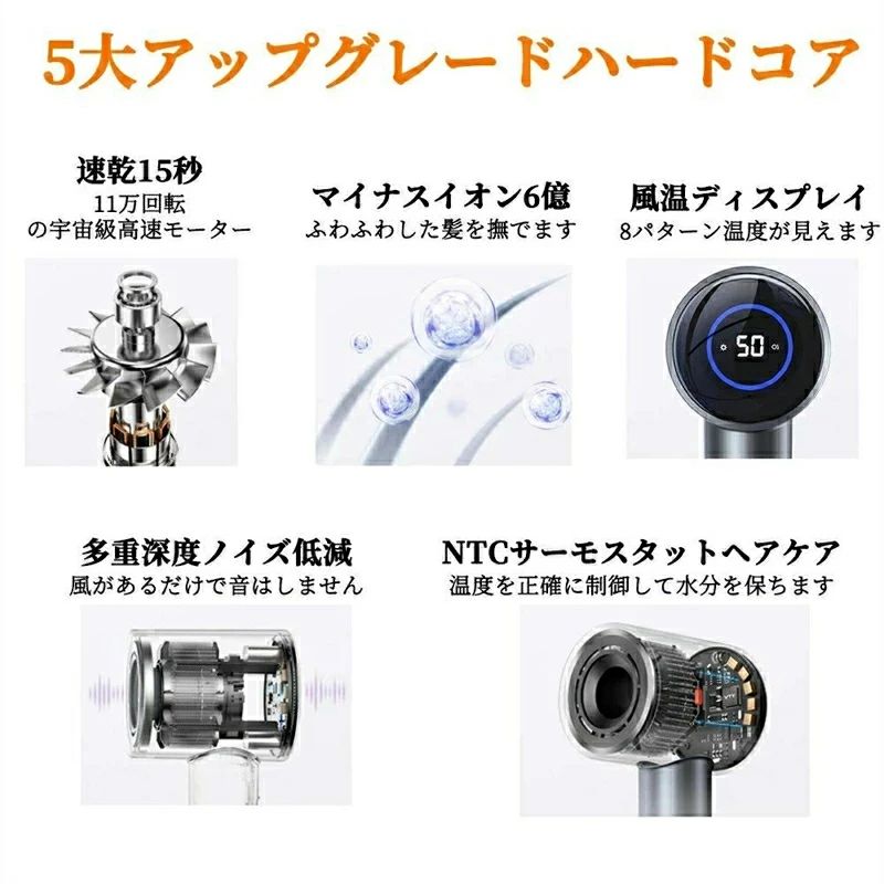 GFオンライン楽天市場店のヘアドライヤー 速乾 LED数値表示 低騒音 超軽量 冷熱風 大風量 静音 1600W 温度調整｜アングル2