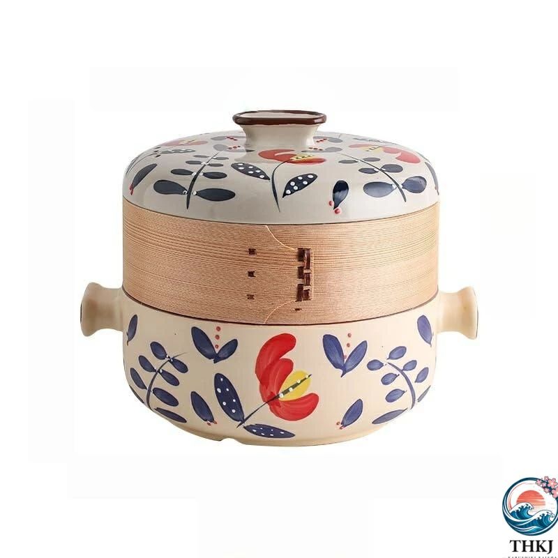 日式 蒸し鍋 土鍋 セラミック製 蒸し器付き マルチ層 竹製蒸し スープ鍋 煮込み鍋 蒸し料理兼用 大小サイズ 家庭用 ホテル用 多用途調理鍋 和風デザイン