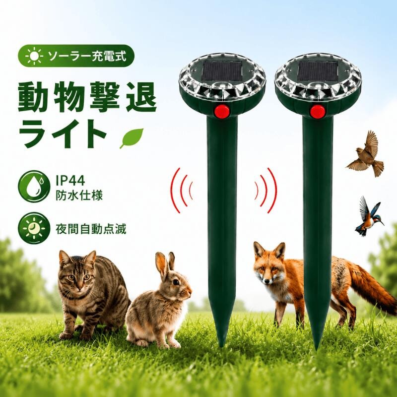 4個セット 動物撃退器 超音波 害獣対策器 ソーラー充電式防水動物 退器 2026アップグレード版 2個 4個 猫よけ イノシシ対策 モグラ退治 カラスよけ 鳥よけ ネズミ駆除 電源不要 IPX4防水 12m広範囲検知 静音 挿すだけ取付 省エネ 庭 菜