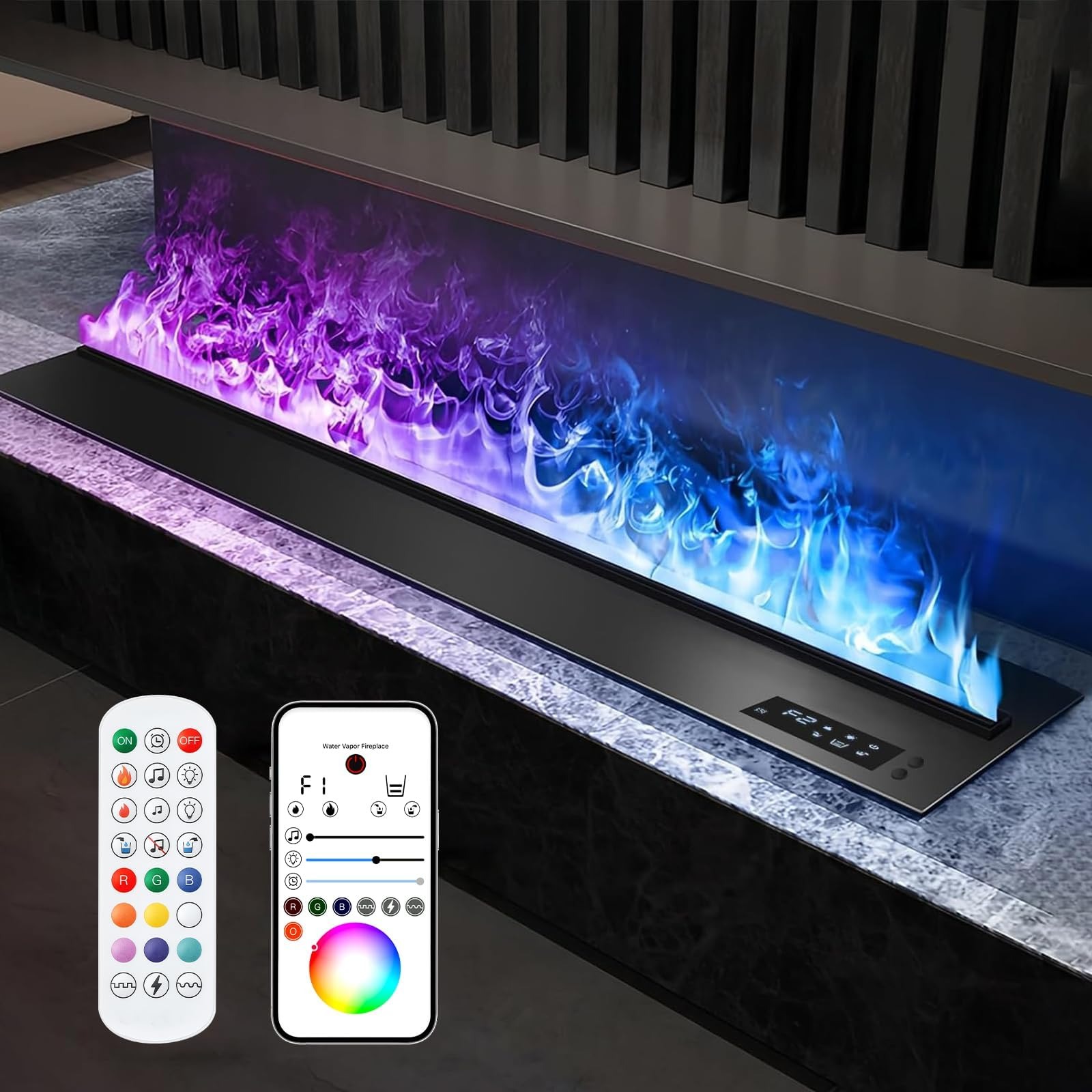 3D スマート装飾炎ライト 噴霧暖炉 埋め込み式 加熱なし LED 装飾炎ライト 超長炎 タッチパネル リモコン APP 制御 ホテル