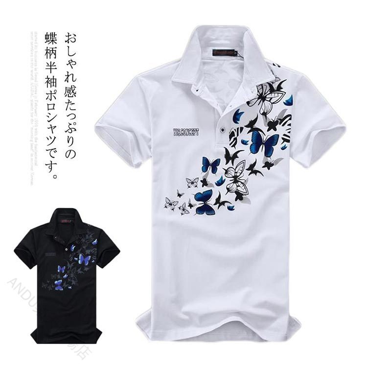 @蝶柄 シャツ メンズ ポロシャツ 半袖 カジュアル クラシック ゴルフ スポーツ コ...