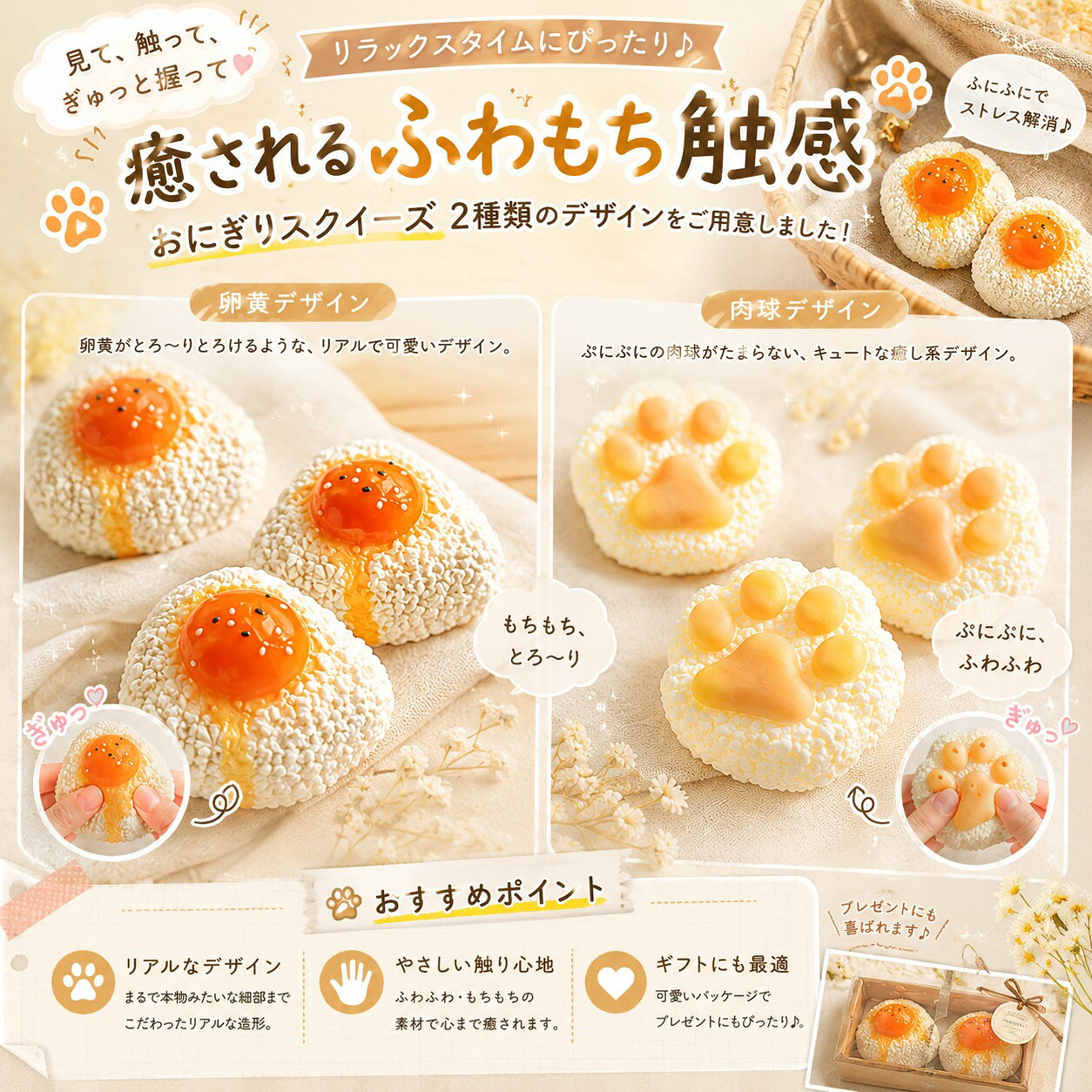 おにぎり 感触 プッシュ ふわふわおもちゃ 2点セット 猫 スクイーズ 低反発 ぷにぷに オシャレ減圧食品サンプル 猫肉球 肉球スクイーズ gfznetshop-10000210 GFZショップ 楽天市場店 サンプル画像2