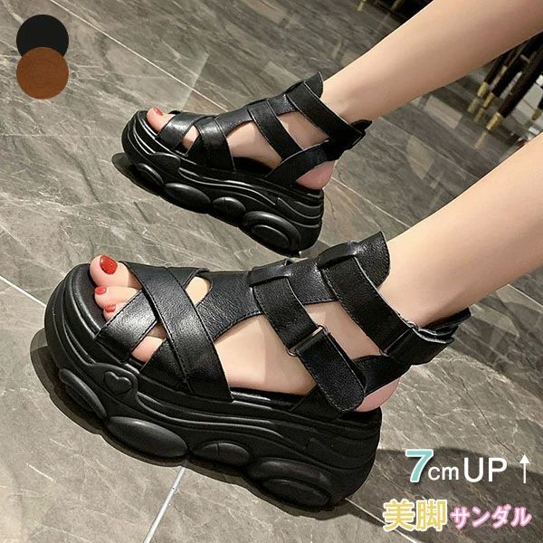 身 美脚サンダル オープントゥ ヒールサンダル スポーツサンダル ヒール7cm クロスベルト サンダル PU レディース 厚底サンダル