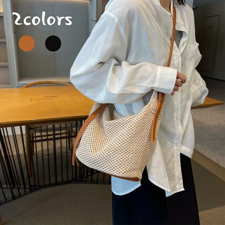 ショルダー クリスマス 2色 バッグ 夏 肩掛け 編みバッグ 鞄 カバン 麦わらトート 斜めがけ クラッチ バケツバッグ かごバッグ