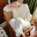 上下セット レディースパジャマセット 刺繍 お姫風ルームウェア 長袖ナイトウェア 春秋 可愛いパジャマ 綿パジャマ 欧風部屋着