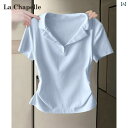 スリム トップス Vネック 2025 レディース Tシャツ ショルダー ストレート 半袖 ブルー ライト Chapelle La レディース トップス