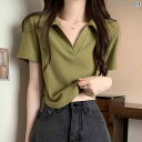 v 夏 トップ ハイウエスト 早春 2025 女性 Tシャツ 半袖 無地 カラー ポロ スリムフィット グリーン レディース トップス