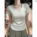 ス ハイウエスト ショート ガール ホット 夏 レディース Tシャツ 半袖 ネック U 綿 ショルダー ストレート レディース トップス