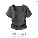 トップ プリーツ シック スリム mm 夏 半袖 レディース Tシャツ ショルダー スクエアネック 大きいサイズ レディース トップス