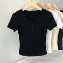 ボタ ショルダー ストレート ラウンドネック スレッド 2025夏 レディース Tシャツ 半袖 ヘンリー コットン レディース トップス