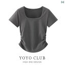 プリーツ スパイシーな スリム ウエスト レディース Tシャツ 半袖 肩 右 スクエアネック 大きいサイズ 夏 レディース トップス