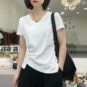 感じさせにく 年齢を スタイリッシュで トップス 不規則 Vネック 薄手 Tシャツ 半袖 ホワイト 女性用 夏の レディース トップス