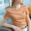 トップス 色 クリーム 半袖 綿 ラウンドネック スリム Tシャツ コットン シルケット 高級 女性用 2025夏の レディース トップス