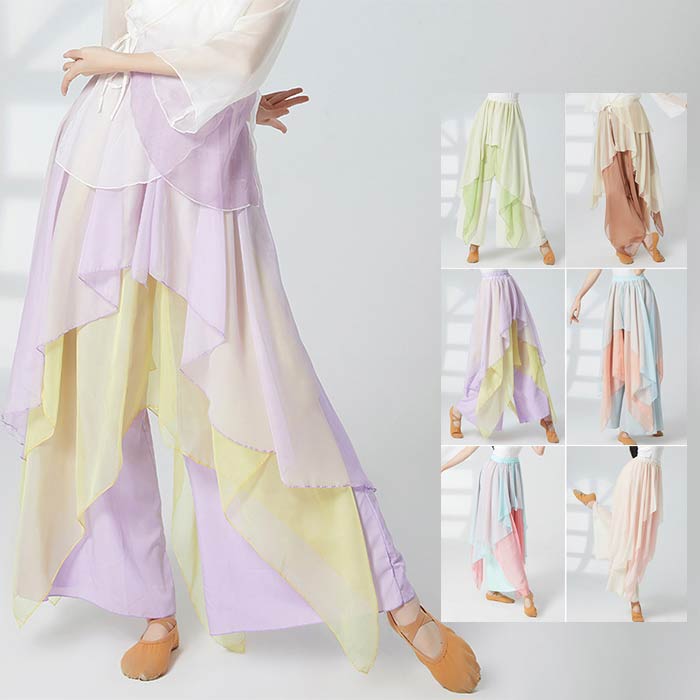 ウエストゴム ジャズ ダンス着 レッスンウェア シフォン ロング丈 レディース 社交ダンス ワイドパンツ ガウチョパンツ ボトムス