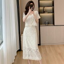 トッ スリット入り ウエストゴム ボトムス ワーク 半袖フリル 韓国 花柄 Vネック 2点セット レースセット 上下セット レディース