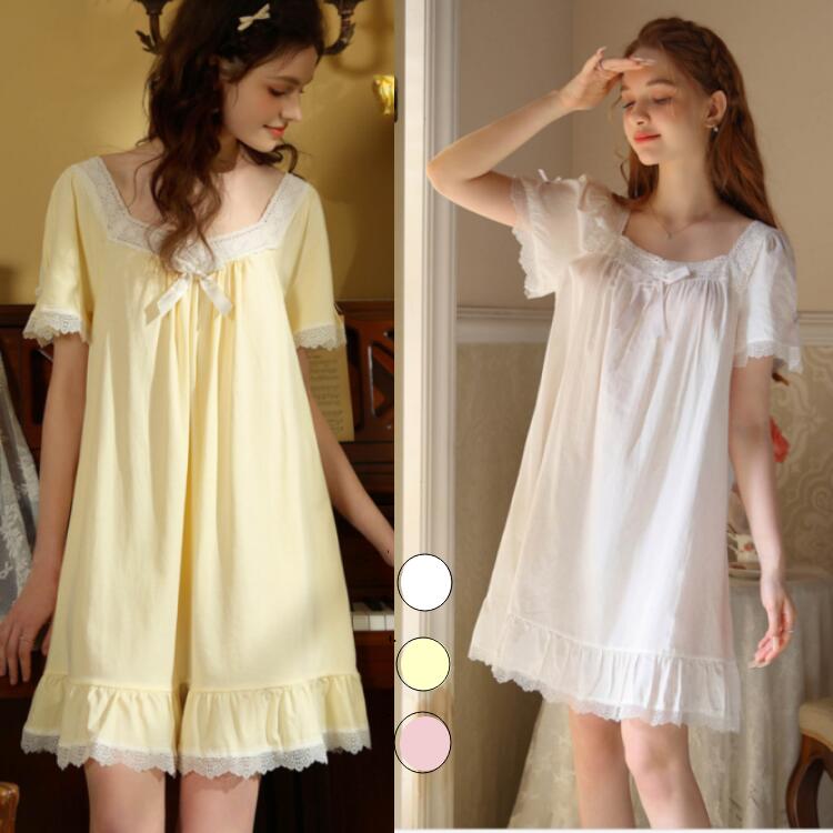 レース ナイトウェア ガウン 無地 エンジェル ルームウェア ワンピース 部屋着 パジャマ シー 姫 夏 春 ロング レディース 半袖