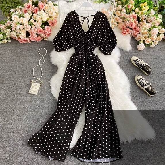 ブルー ピンク ホワイト ブラック カラバリあり 落ち感 ハイウエスト ワイドレッグ Vネック 半袖 夏 ジャンプスーツ レディース