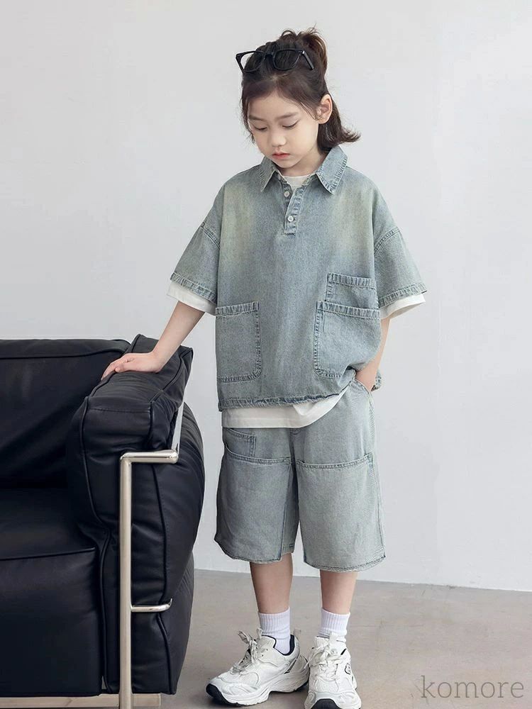 カジュアル 大きいサイズ 通学 男の子 セットアップ キッズ 運動 ハーフパンツ デニム 半袖 夏 セットアップ 男の子