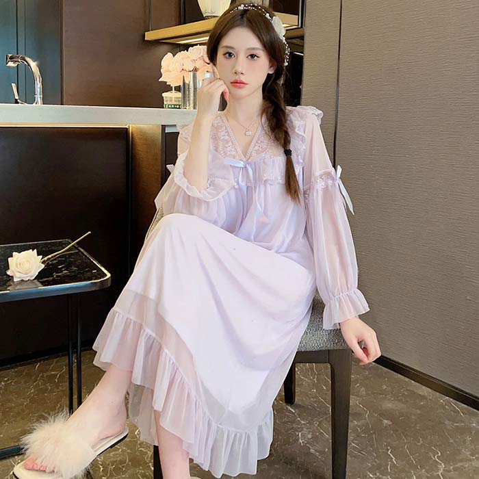 長袖 チュールレース ナイトドレス ルームウェア レディース かわいい パジャマ 姫 夏 ロングネグリジェ ロング ワンピース ワン