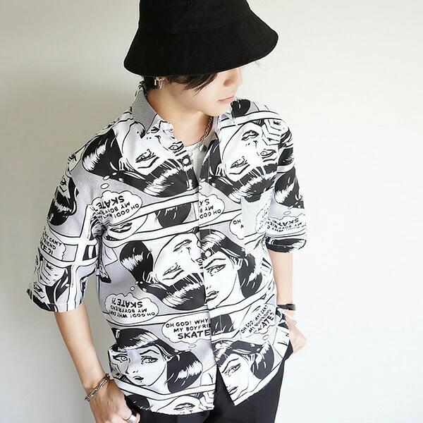 アメコミ柄 メンズ 漫画柄 総柄 ヒップホップ コミック柄 コスチューム シャツ モノトーン 五分袖 レデ..