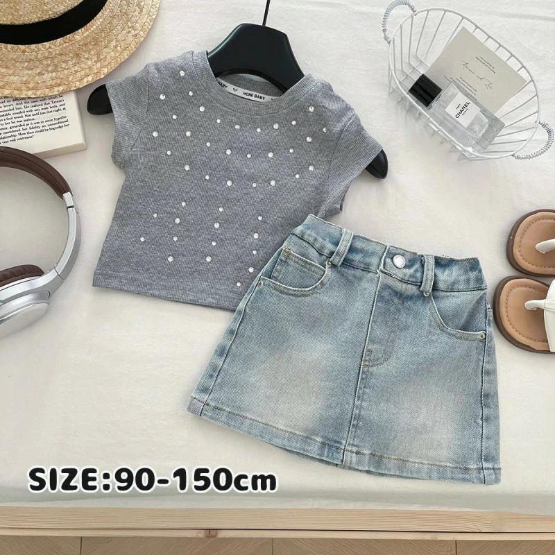デニムスカート セットアップ 韓国風 カジュアル 子供服 かわいい 上下セット Tシャツ 2点セット キッズ 半袖 夏服 綿 ガールズ
