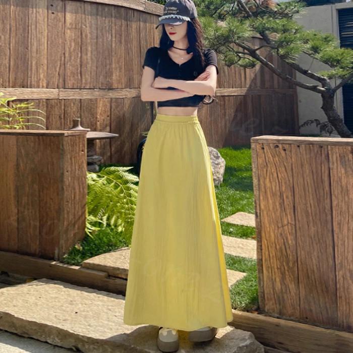 ロング ティアード マキシ レディース プリーツ ウエストゴム ハイウエスト 無地 ロングスカート フレア フレアスカート ティア