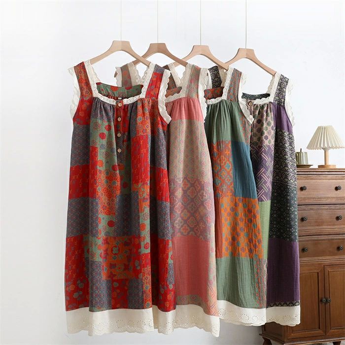 透 コットン ワンピ 総柄 ノースリーブ 綿100% カップ付き 部屋着 ルームウェア 夏 レディース ネグリジェ ワンピース パジャマ
