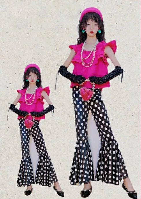 チ 団体 ガールズ 演出服 ガールズ 時代感 フレアパンツ ランス風 デスコ風 舞台衣装 上下セット キッ..