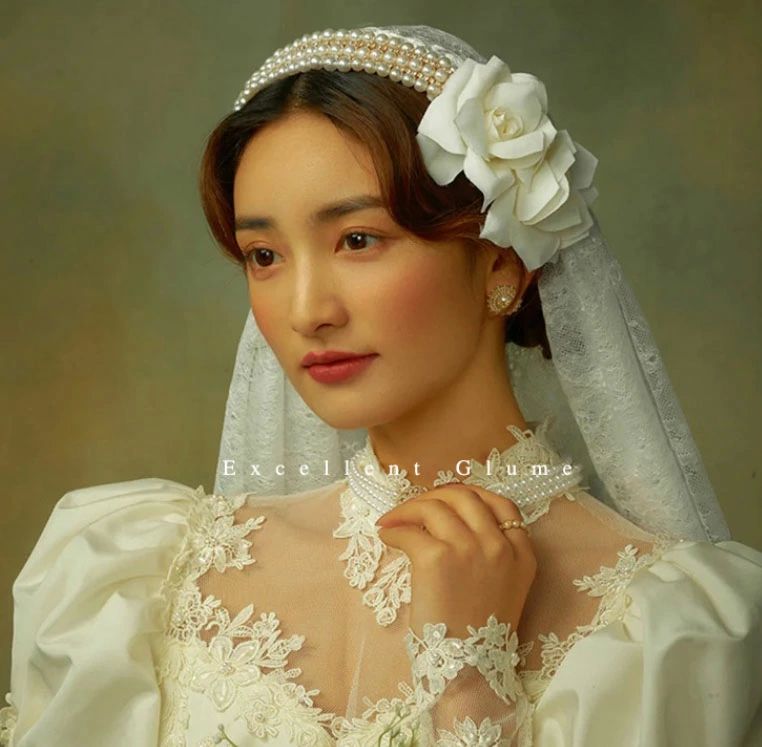 パー フラワー 薔薇 立体のお花 ベール レース ヴィンテージ系 レトロ 森ガール ベール ロング丈 ミドル丈 ベール ウエディング