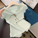 美 ユニークな 夏 スタイル ホット 2025 Tシャツ レディース 半袖 Vネック ショルダー ストレート グリーン レディース トップス