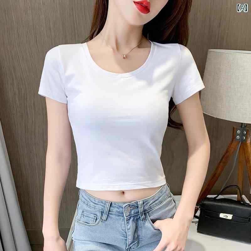 夏 2025 スリムフィット ハイウエスト トップス 出し へそ 綿 半袖 レディース Tシャツ ショート ホワ..