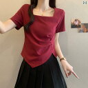スリミング お腹 カバー プリーツ 夏 女性 Tシャツ 半袖 不規則 ネック フレンチスクエア mm 大きいサイズ レディース トップス